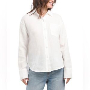 Steve Madden XS-S-M Juna White Button Front Classic Collar Long Sleeve Top